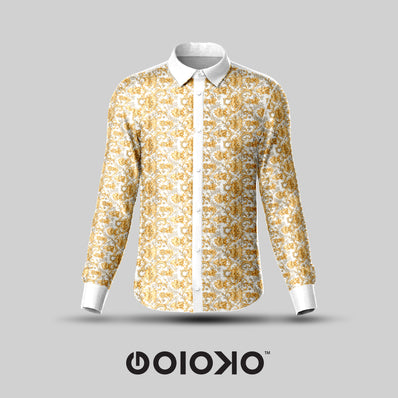 Gold White Floral- Men's Formal Satin Shirt