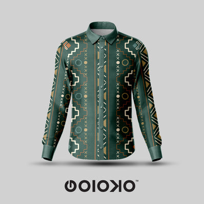 Royal Green Tribal- Men's Formal Satin Shirt